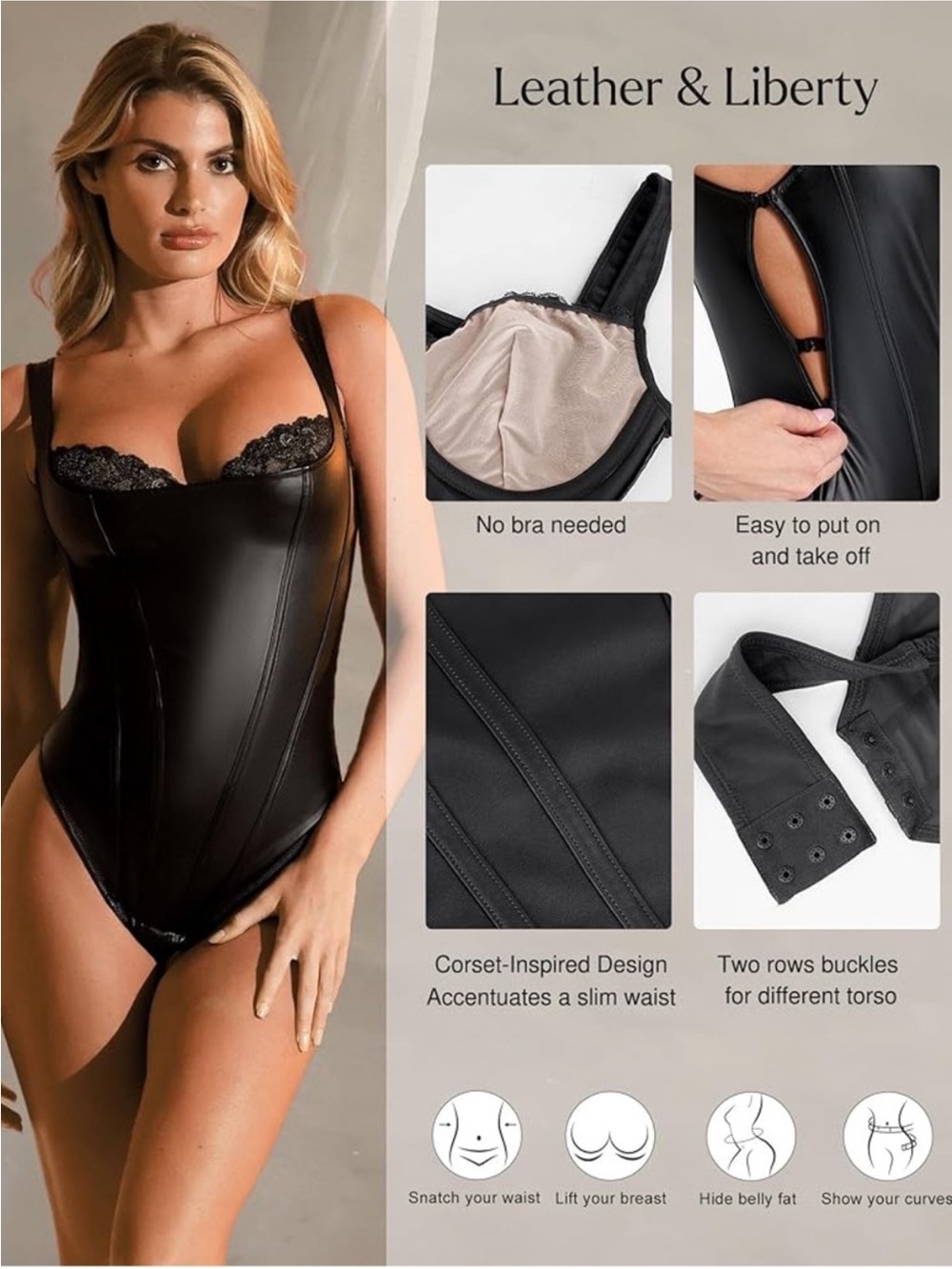 New NWT Popilush Leather bodysuit body contouring faux black leather sz L - Picture 3 of 10